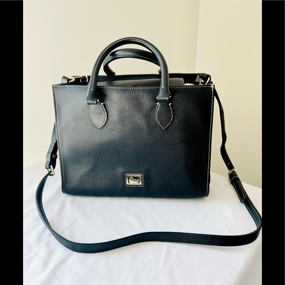 Dooney & Bourke Black Pebble Grain Leather Satchel Signature Design Canvas Lined - Picture 11 of 12